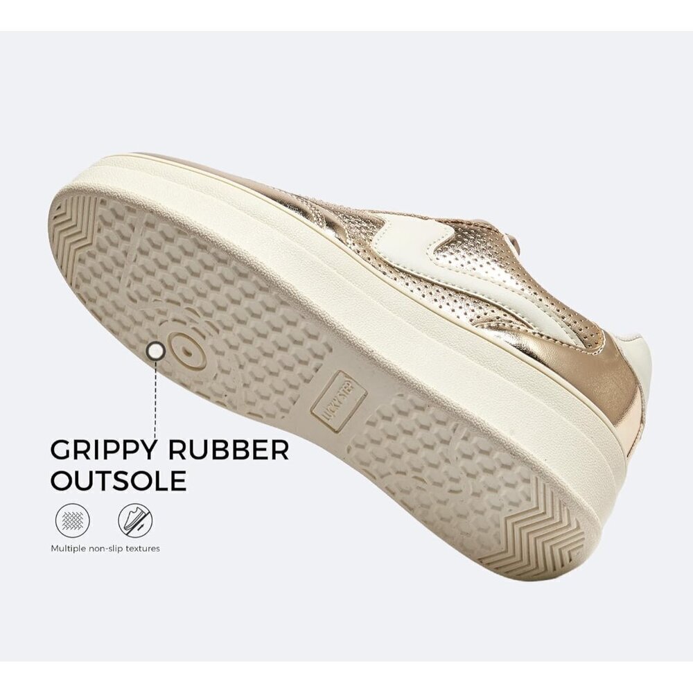 Women Platform Gold White Sneaker Thick Sole Suede Leather Low Top Walking Shoes - Picture 9 of 9